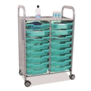 Callero Double Cart with 16 Shallow Antimicrobial Trays