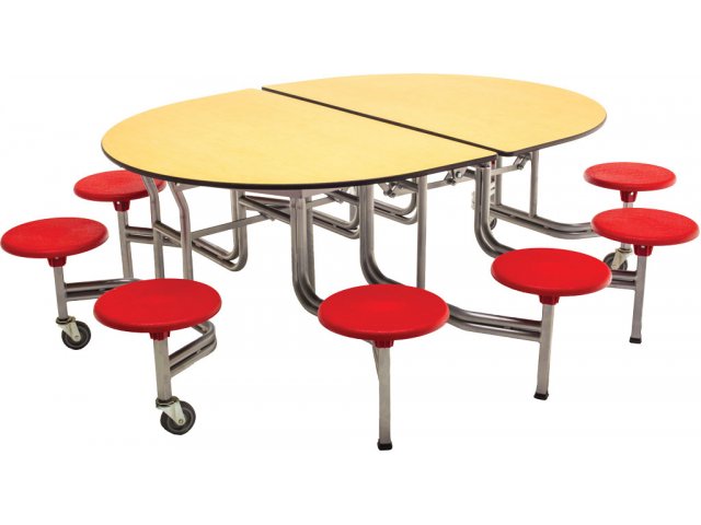 Shown in maple with red stools