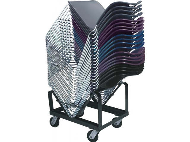 Chairs stack at an angle for maximum stability. Shown on dolly CSC-85