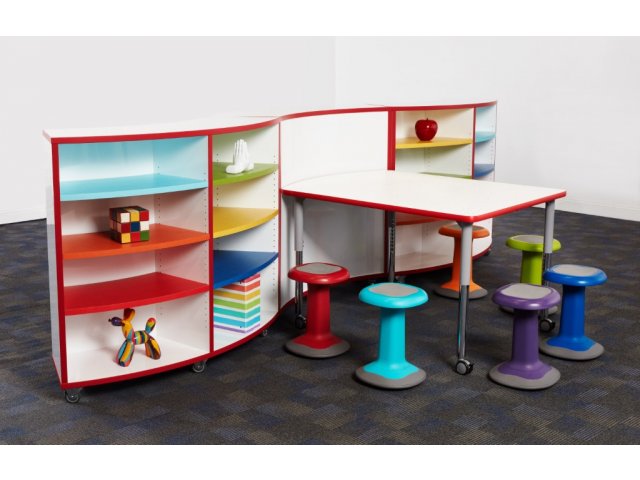 Shown with Stax curved bookcases and Squircle stools.