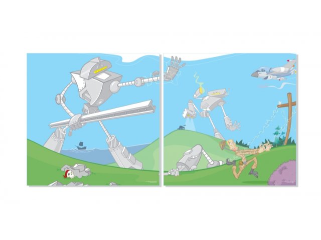 Kit includes 2 Robot Scene 4'Wx4'H Dual Wall Art Panels