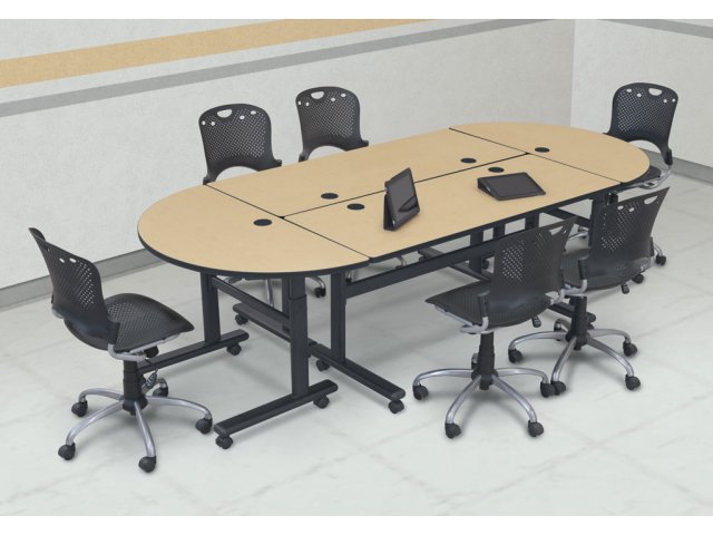 Combine 2 half-round tables with 2 rectangular tables to create a conference table.