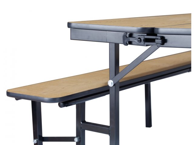 Create one large table by combining 2 units with the built-in ganging devices.